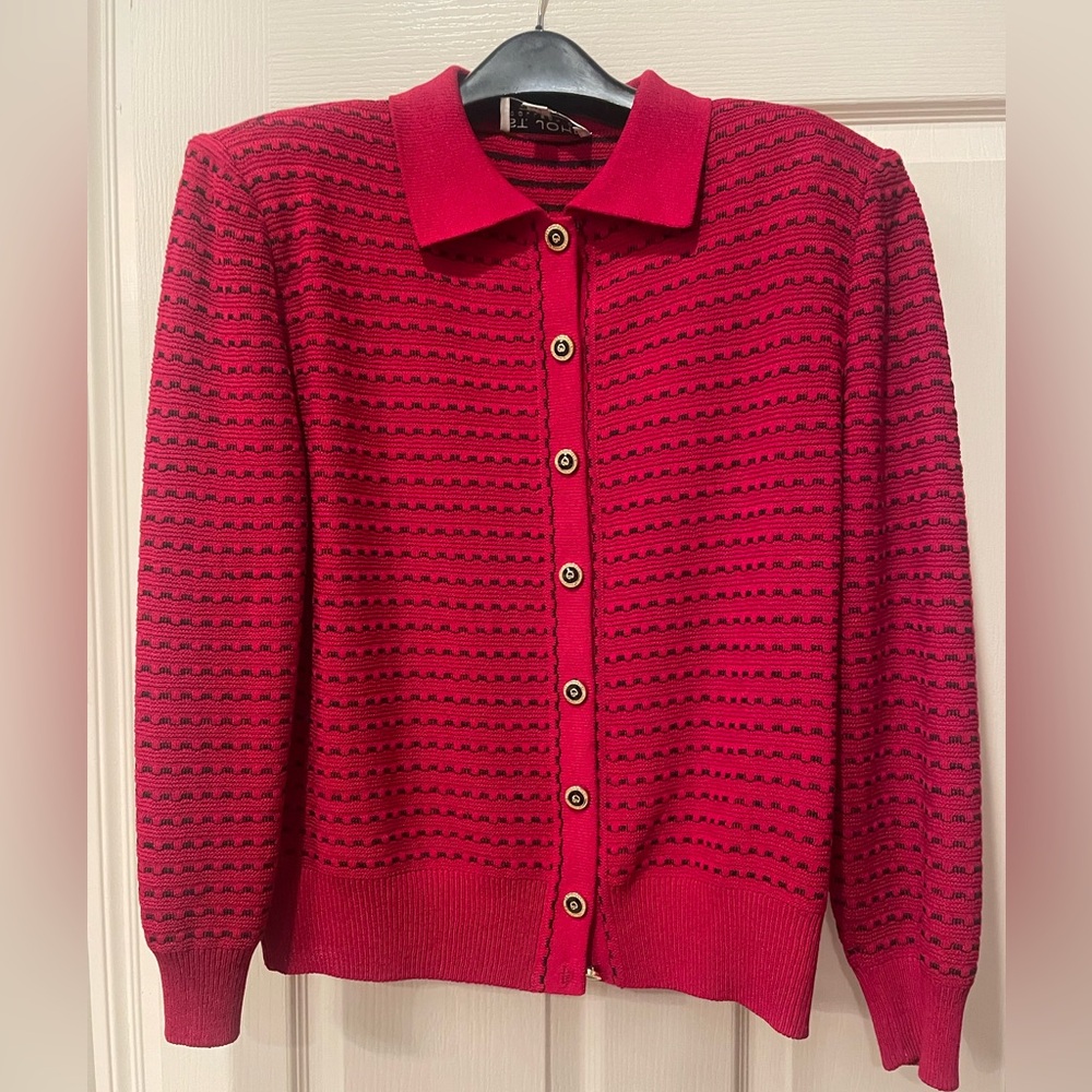 Red/black women’s St John jacket, size 12.